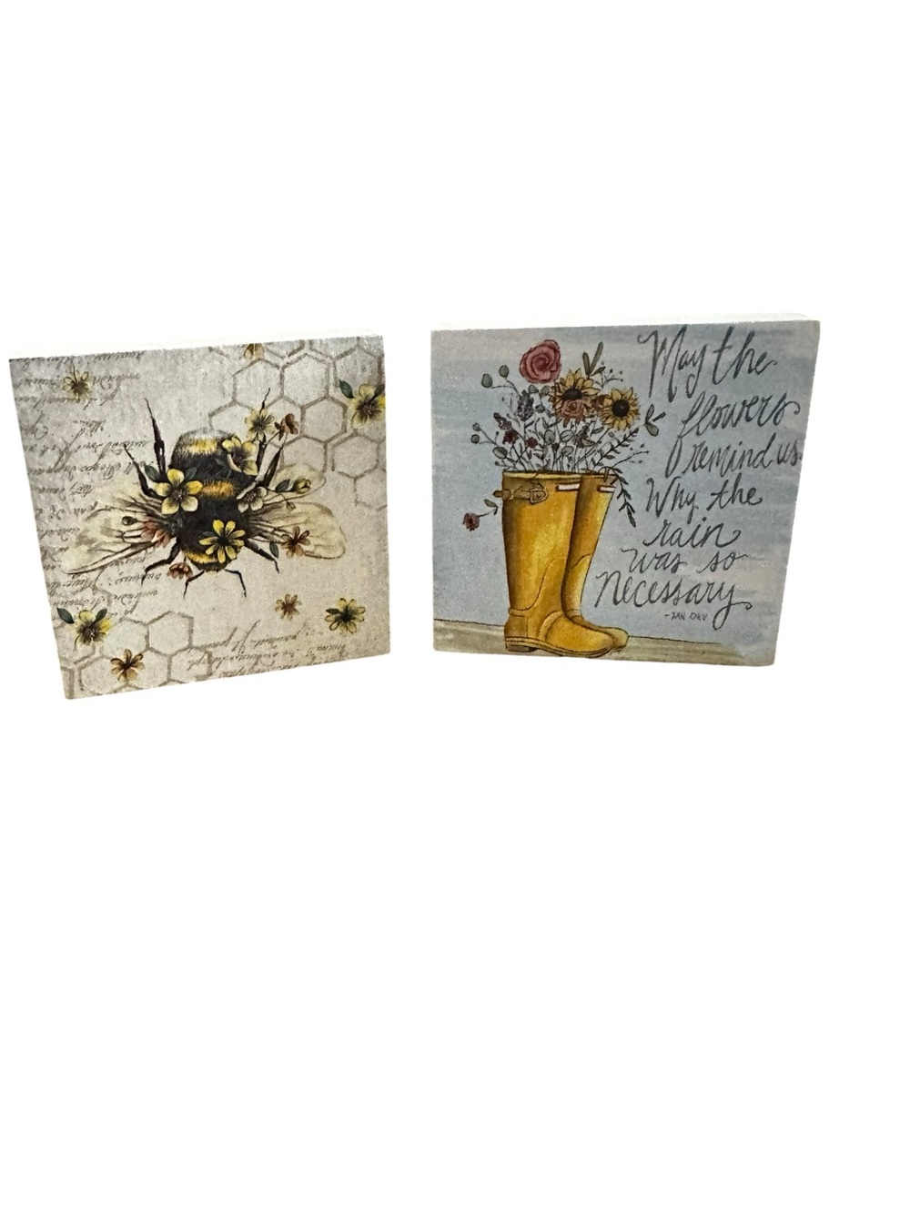 Handcrafted bumblebee & rain boots wooden decor blocks set of 2